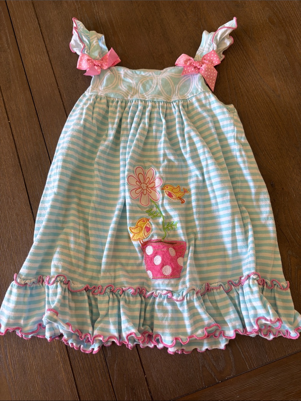 Goodlad Girls' Light Blue & White Striped Flower Pot Sundress with Pink Accents